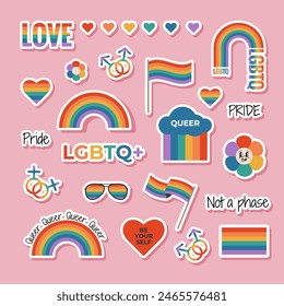 Set von LGBTQ-Aufkleber mit Regenbogen-Fahne Elemente, Geschlechterzeichen, Pride-Month-Symbole, Slogan und Phrasen. Schwulenparade feiern. Vektorillustration