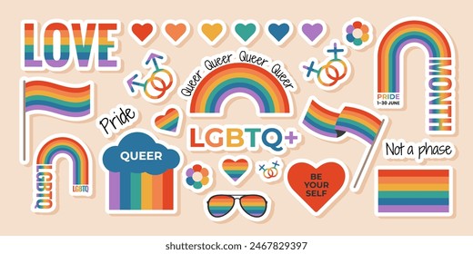 Set of LGBTQ sticker with rainbow flag elements, gender signs, pride month symbols, slogan and phrases. Gay parade celebration. Vector illustration