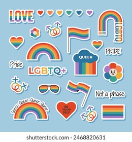 Set von LGBTQ-Aufkleber mit Regenbogen-Fahne Elemente, Geschlechterzeichen, Pride-Month-Symbole, Slogan und Phrasen. Schwulenparade feiern. Vektorillustration