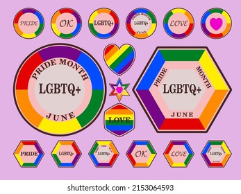 Set Of LGBTQ+ Stickers, Stamps Or Patches. Pride Month Celebration.