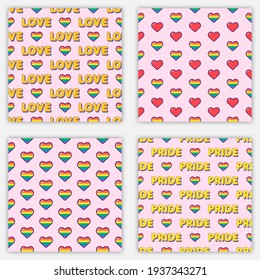 Set of lgbtqia seamless patterns. Rainbow hearts on pink background. Lgbt pride flag colors. Vector illustration