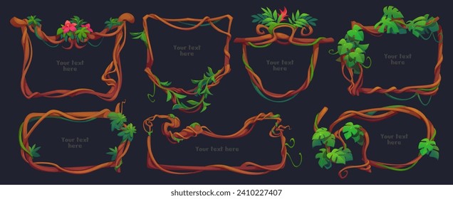 Set of liana branch frames with green leaves, flowers isolated on black background. Vector cartoon illustration of twisted jungle plant vines with foliage, game borders for ui design, tropical garden