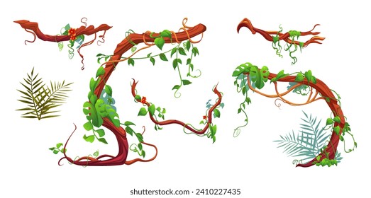 Set of liana branches with green leaves and flowers isolated on white background. Vector cartoon illustration of twisted jungle plant vines with foliage, rainforest tree stems, old root vegetation