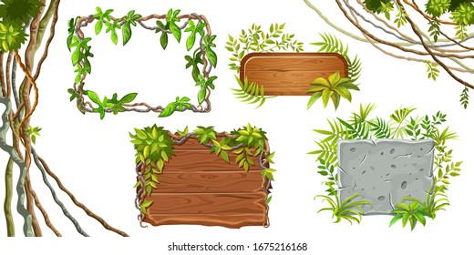 Set of liana branches, wooden and stone boards with space for text. Isolated cartoon game panels with tropical leaves and rocks. Vector illustration on white background.