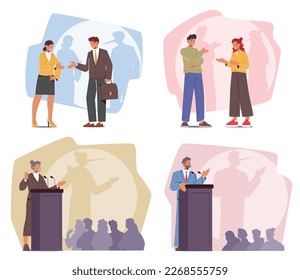 Set of Liar Characters Communicating and Speaking on Tribune with Shade Of Pinocchio On Wall. Concept of Hypocrisy, Dishonesty, Deception, Or Storytelling. Cartoon People Vector Illustration