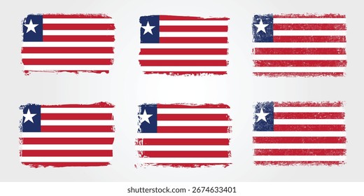 Conjunto de banderas liberianas con rayas rojas y blancas con una estrella blanca en cuadrado azul, ilustradas en estilos de pinceladas con textura grunge.
