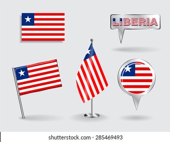 Set of Liberian pin, icon and map pointer flags. Vector illustration.