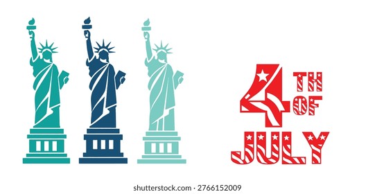 Set of liberty statues in teal navy and light blue hues paired with bold 4th of july lettering and american flag motifs ideal for national holiday decorations event announcements and patriotic graphic design, 4th of July Independence Day banner template with patriotic USA theme perfect for social media cover, header design