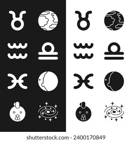 Set Libra zodiac, Aquarius, Taurus, Planet Mercury, Pisces, Eclipse of the sun, Milky way spiral galaxy and Rooster icon. Vector