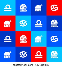 Set Libra zodiac, Magic ball, Astronomical observatory and Cancer icon. Vector.
