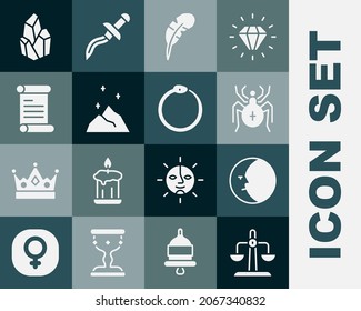 Ponga Libra zodiac, Moon, Spider, Pluma de plumas, pólvora mágica, Decreto, pergamino, pergamino, piedra y icono de Ouroboros. Vector