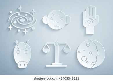 Set Libra zodiac, Palmistry of the hand, Horse, Eclipse sun, Monkey and Milky way spiral galaxy icon. Vector