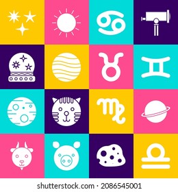 Set Libra zodiac, Planet Saturn, Gemini, Cancer, Jupiter, Magic ball, Falling star and Taurus icon. Vector