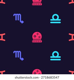 Defina o zodíaco de Libra, Escorpião, bola mágica e Gêmeos em padrão sem costura. Vetor