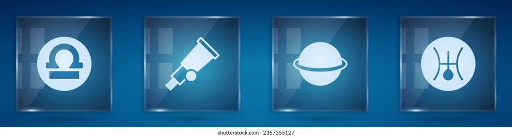Set Libra zodiac, Telescope, Planet Saturn and Symbol Uranus. Square glass panels. Vector