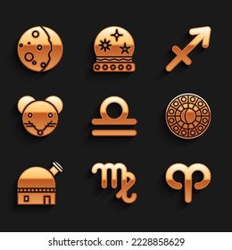 Set Libra zodiac, Virgo, Aries, Astrology horoscope circle, Astronomical observatory, Rat, Sagittarius and Eclipse of the sun icon. Vector