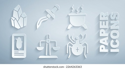 Set Libra zodiac, Witch cauldron, Tarot cards, Spider, Dagger and Magic stone icon. Vector