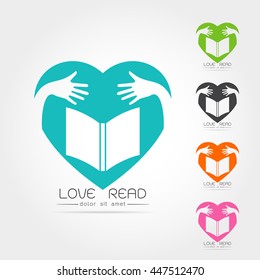 set of Library book logo in heart with hand hug concept,on white background Vector illustration