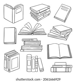 Set of Library books doodle.  Stack of books,open and closed books in sketch style. Hand drawn vector illustration isolated on white background.