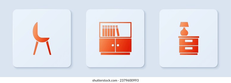 Set Library bookshelf, Armchair and Furniture nightstand with lamp. White square button. Vector