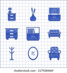 Set Library Bookshelf, Mirror, Armchair, Sofa, Coat Stand, Furniture Nightstand, TV Table And With Lamp Icon. Vector