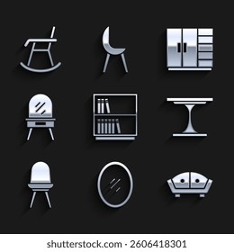 Set Library bookshelf, Mirror, Sofa, Round table, Chair, Dressing, Wardrobe and Armchair icon. Vector