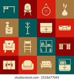 Set Library bookshelf, Office desk, Furniture nightstand, Mirror, Coat, with lamp,  and Wardrobe icon. Vector