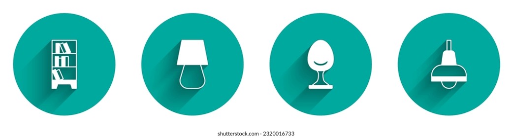 Fijar la estantería de la biblioteca, lámpara de mesa, icono de colgador de sillón y lámpara con sombra larga. Vector