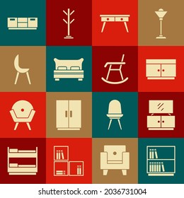 Set Library bookshelf, TV table stand, Chest of drawers, Office desk, Big bed, Armchair, Furniture nightstand and  icon. Vector