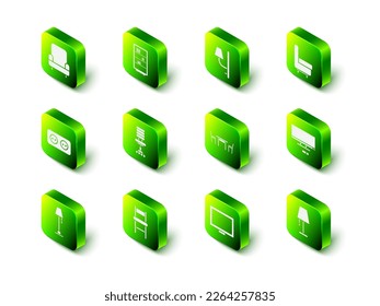 Set Library bookshelf, Wall sconce, Armchair, Smart Tv, Table lamp, Wooden table with, Picture frame and Chair icon. Vector