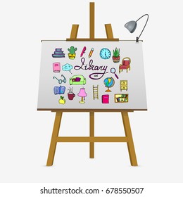 Set of library icons on easel. Hand drawn vector stock illustration