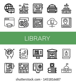 Set of library icons such as Encyclopedia, Education, School, Learning, Dictionary, Ebook, Museum, Book, Cabinet, Phone book, Bookstore, Online library, Reading