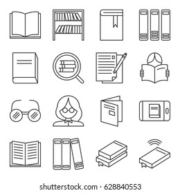 Set of library Related Vector Line Icons. Includes such Icons as books, shelves, magazines, librarian, reading room, reading, glasses