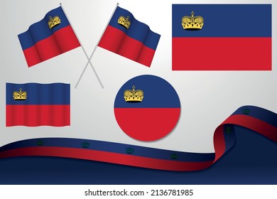 Set Of Liechtenstein Flags In Different Designs, Icon, Flaying Flags With ribbon With Background.