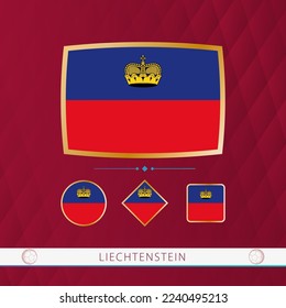 Set of Liechtenstein flags with gold frame for use at sporting events on a burgundy abstract background. Vector collection of flags.