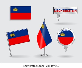 Set of Liechtenstein pin, icon and map pointer flags. Vector illustration.