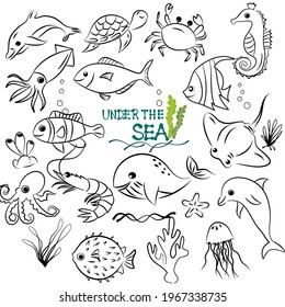 Set of life animals doodles under the sea,handraw icon illustrations on white background.