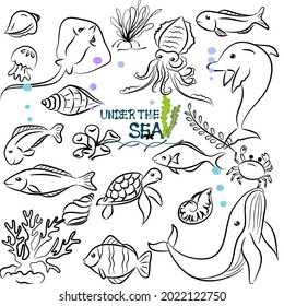 Set of life animals doodles under the sea,handraw icon illustrations on white background.
