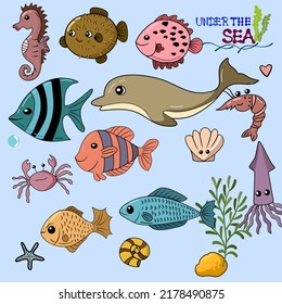 Set of life animals doodles under the sea,handraw icon illustrations on white background.