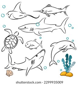 Set of life animals doodles under the sea, handraw icon illustrations on white background.