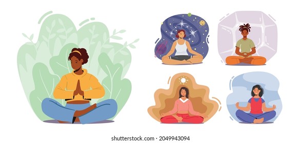 Armonía en la Vida, Meditación de Yoga. Mujeres Multiraciales Meditando, Relajadas Personajes Femeninos Sentadas en Lotus Pose. Relajación Estilo de vida, Equilibrio emocional, Ilustración vectorial de personas de dibujos aislados