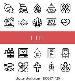 Set Of Life Icons. Such As Dolphin, Shrimp, Wheelchair, Shark, Erythrocytes, Shell, Fire Hydrant, Fish Tank, Sprout, Heart Rate, Oxygen Tank, Sardines, Icu, Atom , Life Icons