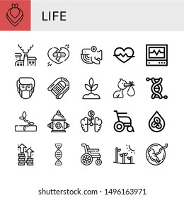 Set of life icons such as Kerchief, Pollution, Broken heart, Whale, Heart rate, Icu, Lifeboat, Sprout, Stork, Genetics, Fire hydrant, Growth, Wheelchair, Erythrocytes, Dna , life