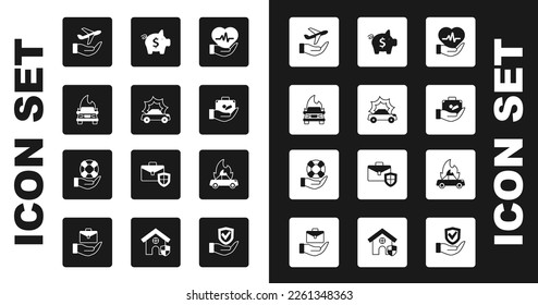 Set Life insurance, Car accident, Burning car, Plane hand, Travel suitcase, Piggy bank,  and Lifebuoy icon. Vector