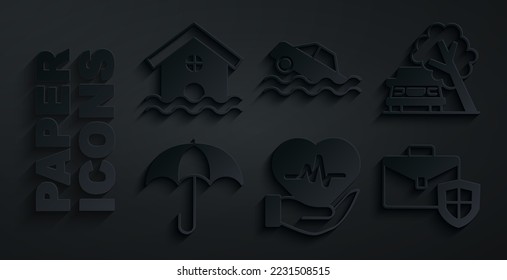 Set Life insurance, Car damaged by fallen tree, Umbrella, Briefcase with shield, Flood car and House flood icon. Vector