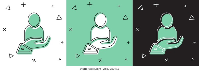 Set Life insurance in hand icon isolated on white and green, black background. Security, safety, protection, protect concept.  Vector