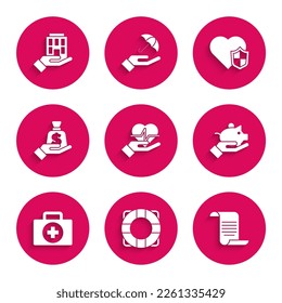 Set Life insurance in hand, Lifebuoy, Document with shield, Piggy bank, First aid kit, Money,  and House icon. Vector