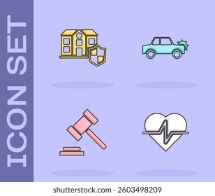 Set Life insurance, House with shield, Judge gavel and Car icon. Vector