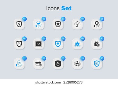 Set Life insurance, Safe, Education grant, Hand holding briefcase, Briefcase with shield, House, Shield dollar and  icon. Vector