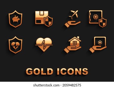 Set Life Insurance, Safe mit Schild, Hand, Haus, Flugzeug, Schweine Bank und Lieferung Security Symbol. Vektorgrafik